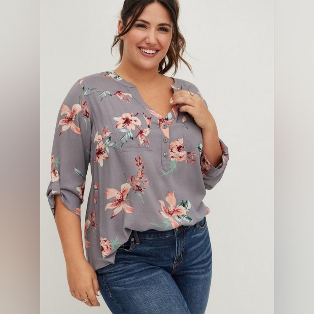Harper - Slate Grey Floral Challis Pullover Blouse